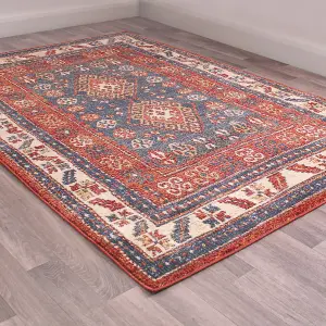 Blue Easy to Clean Bordered Geometrical Traditional Persian Rug for Living Room, Bedroom, Dining Room - 120cm X 170cm