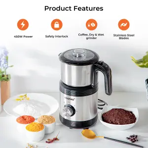 Geepas 450W Coffee Grinder Food Processor Electric Wet & Dry Grinder Coffee Mill