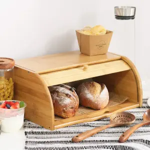 MantraRaj Bamboo Bread Bin Storage Counter Top Roll Top Bread Box Food Storage Containers Bread Bin