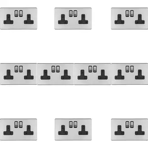 10 PACK 2 Gang DP 13A Switched UK Plug Socket SCREWLESS SATIN STEEL Wall Power