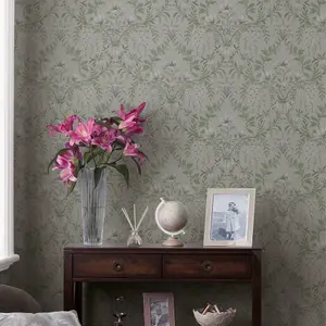 Laura Ashley Parterre Sage Damask Smooth Wallpaper