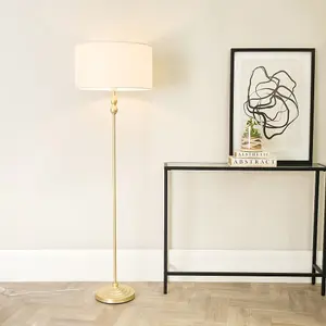 ValueLights Maggie Gold Metal Candlestick Floor Lamp with White Fabric Lamp Shade and LED Bulb