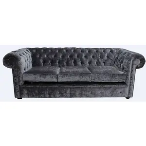 Chesterfield Genuine 3 Seater Sofa Settee Modena Steel Grey Velvet Fabric In Classic Style