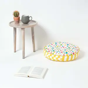 Homescapes Multi Polka Dots & Yellow Stripes Round Floor Cushion