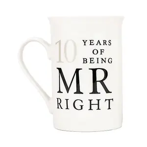 Ivory White 10th Anniversary Mr Right & Mrs Always Right Ceramic Mug Gift Set