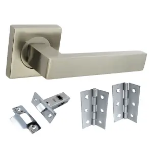 Cafri Door Handle Satin Nickel Rectangular Lever on Square Rose Internal Handles + 64mm Latch & Hinges