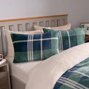 Tartan Fleece Duvet Cover Bedding Check Sherpa Soft Set, Navy/Green - Double