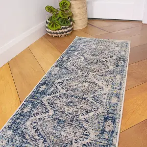 Navy Blue Grey Bordered Geometric Distressed Runner Rug 60x240cm