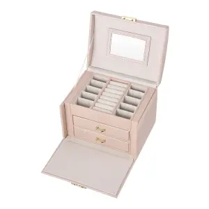 Pink Multi Function Faux Leather Jewellery Storage Box with Drawers Key Lockable