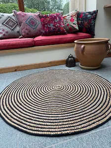 CHAKKAR DARK Stripe Round Rug Braided in Beige Black - Jute - L120 x W120 - Beige/Black