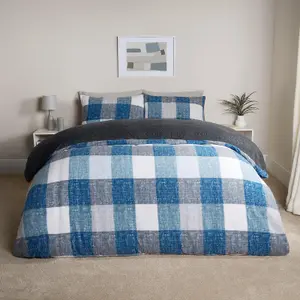 Gingham Teddy Duvet Cover Pillowcase Quilt Soft Bedding Set, Navy - King