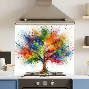 Toughened 6mm Glass Kitchen Splashback 90 x 65cm Rainbow Tree - Polished Edge Heat Resistant Back Splash for Cookers Hob