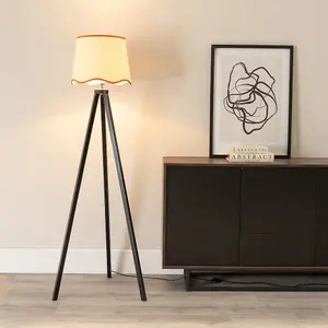 ValueLights Barbro Black Wood Tripod Floor Lamp with Natural Linen Scallop Rust Edge Shade and LED Bulb