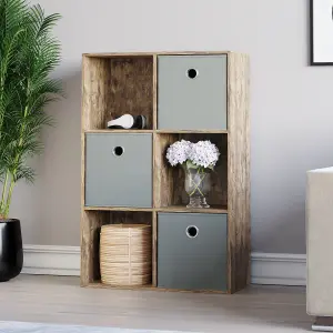 Vida Designs Durham Dark Wood 2x3 Cube Storage Unit & Set of 3 Grey Foldable Cube Storage Baskets