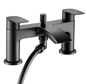 Round Matt Black Bath Mixer Shower Waterfall Tap Deck Mounted + Riser Rail