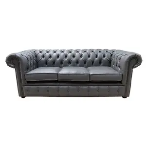 Chesterfield 3 Seater Bonded Grey Leather Sofa Bespoke In Classic Style