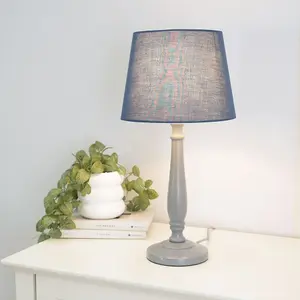 ValueLights Victoria Traditional Grey Wood Candlestick Table Lamp with Navy Blue Tapered Shade