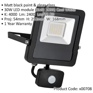 Outdoor IP65 Automatic Floodlight - 30W Cool White LED - PIR Sensor - 2400 Lumen