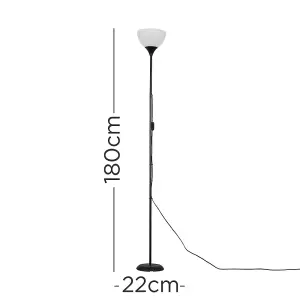 ValueLights Dalby Gloss Black Single Uplighter Modern Floor Lamp With White Shade And E27 3000K Warm White Bulb