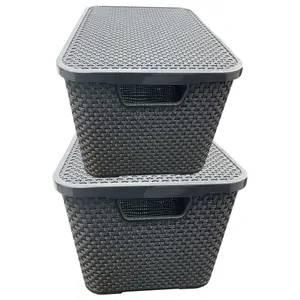 1 x Nature Inspired Grey Home & Office Rattan Effect Storage Basket With Lid