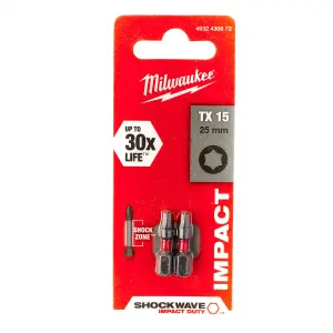 Milwaukee SHOCKWAVE TORX Impact Duty Bits TX15 25mm Pack of 2 4932430872