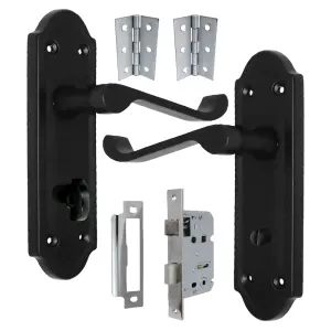 Ashford Door Handle Bathroom Lock Scroll Lever - Matt Black Chrome Bath Pack Hinges