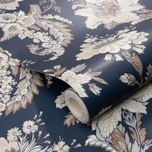 Abode Edward Floral Flowers Leaves Navy Blue Wallpaper