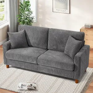 178cm Grey Corduroy Couch, 3 Seater Sofa with Wood Legs, Deep Seat Sofa