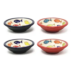 Signature Coloured Fish Hand Painted Ceramic Set of 4 Mixed Tapas Bowls (Diam) 12cm