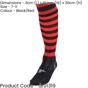 ADULT Size 7-11 Hooped Stripe Football Socks - BLACK/RED - Contoured Ankle