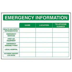 Emergency Information First Aid Sign - Adhesive Vinyl - 300x200mm (x3)