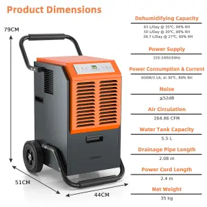 Costway 63L Commercial Dehumidifier Industrial Dehumidifier 5.5L Water Tank Portable