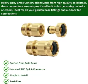 2-Pack Brass Garden Hose No-Leak Connector Set 3/4 Inch Female and Male Quick Connectors with PTFE Tape Durable Water Hose Fitting