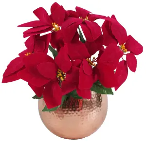 Artificial Christmas Xmas Red Poinsettia 40cm Copper Hammered Metal Planter