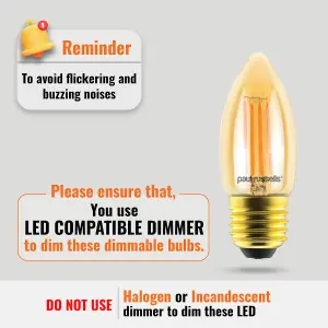 paul russells LED Filament Dimmable Candle Bulb,ES E27, 4.5W 423 Lumens, 40w Equivalent, 2200K Extra Warm White Amber, Pack of 6