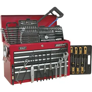 9 Drawer Tool Chest with 205-Piece Tool Set - Ball Bearing Slides - Red and Grey