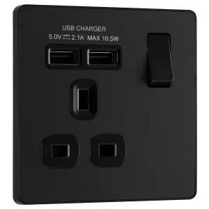 BG Matt Black Single 13A 10W Raised slim Switched Screwless Socket with USB, x2 & Black inserts