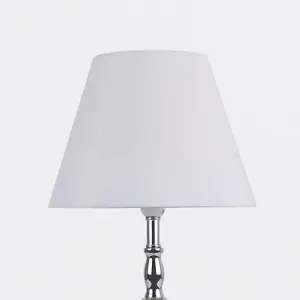 First Choice Lighting Chrome Plate Bedside Table Light with Detailed Column and White Fabric Shade