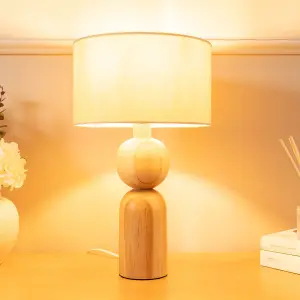 ValueLights Azalea Rustic Wooden Bedside Table Lamp with a Natural Drum Lampshade - Bulb Included