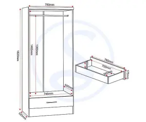 Nevada Mirrored 2 Door 1 Drawer Robe in Black Gloss Finish