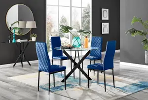 Furniturebox UK Novara Black Leg Round Glass Dining Table & 4 Navy Velvet Milan Black Leg Chairs