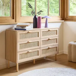 sweeek. 6-drawer chest with cane and wooden effect Camargue Natural 120x40x80 cm