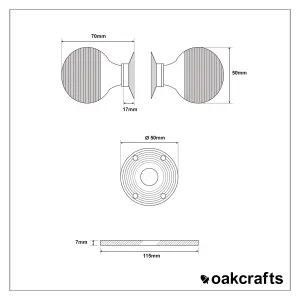 Oakcrafts - Solid Brass Door Knob Set Beehive Design - 50mm Diameter