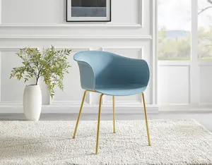 Furniturebox Set of 2 Harper Blue Scandinavian Inspired Moulded Plastic Bat Chair Minimalist Dining Chair with Gold Metal Legs