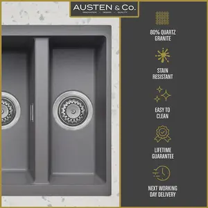 Austen & Co. Florence Inset & Undermount 1.5 Bowl Reversible Granite Kitchen Sink With Strainer & Over Flow Kit - Grey