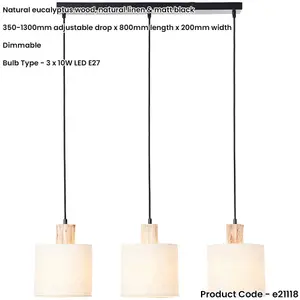 Hanging Ceiling Bar Pendant Light - Natural Eucalyptus Wood Natural Linen & Matt Black - 3 X 10W LED E27