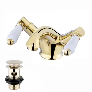 ENKI Downton Gold Monobloc Slotted Ceramic Lever Brass Basin Mixer Tap & Waste BBT0237