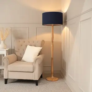 ValueLights Victoria Traditional Light Wood Candlestick Floor Lamp with Navy Blue Drum Shade - LED Bulb Included