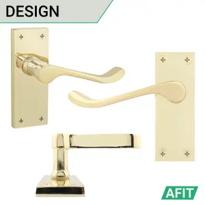 AFIT Polished Brass Victorian Scroll Door Handle Latch Set, 5 Pair of Internal Handles on Backplate with Hinges 76mm & Latch 64mm