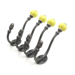 Oakcrafts - Ceramic Tipped Shabby Chic Cast Iron Coat Hook 125mm (Yellow) - Pack of 4 Hooks